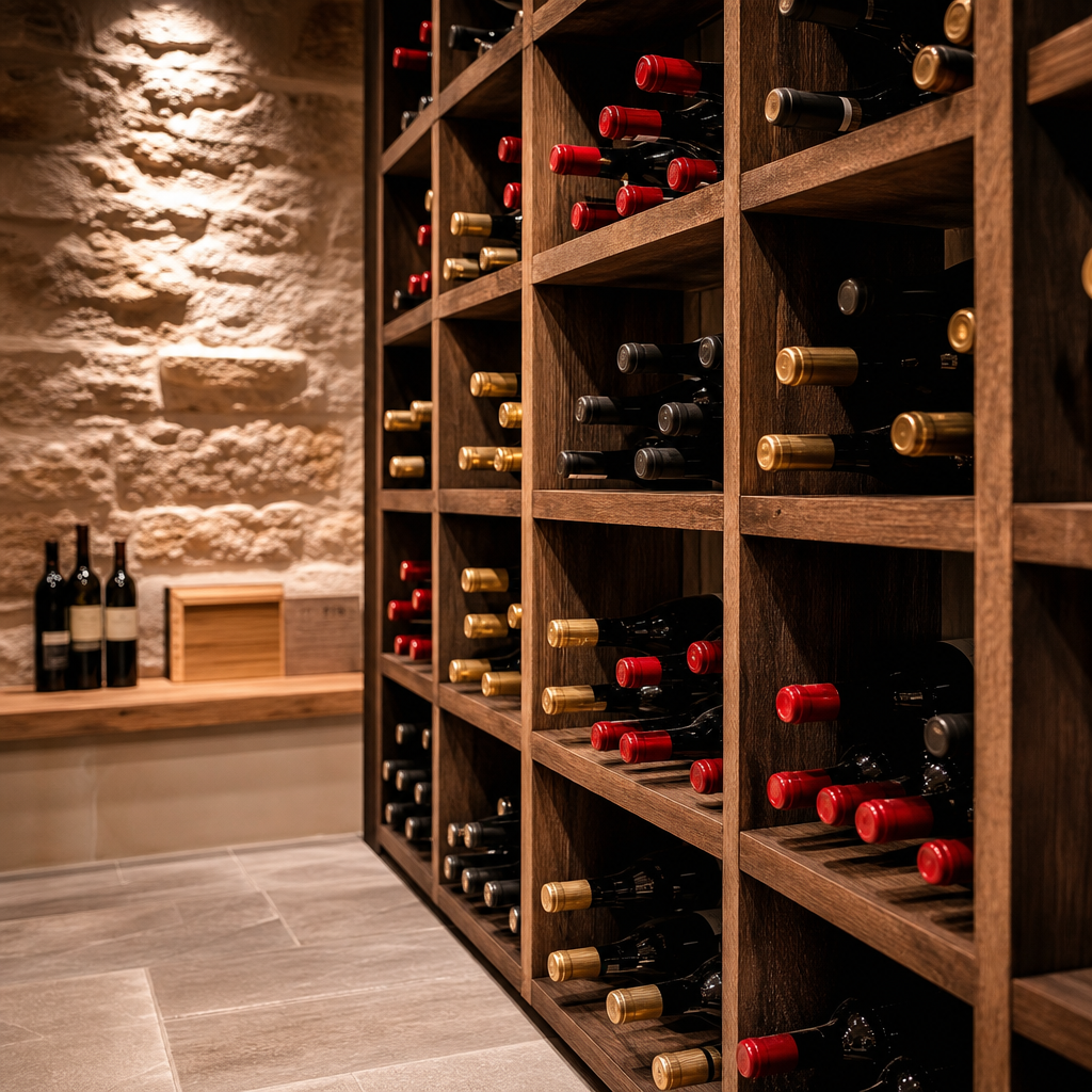 Ein übersichtlich eingeteiltes Weinregal mit Flaschen, ideal für den beginnenden Weinsammler