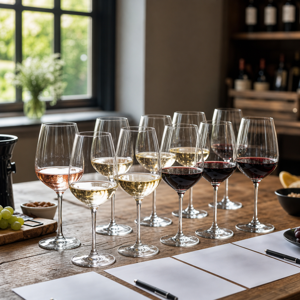 Zwölf Weingläser bereit für eine Weinprobe zu Hause